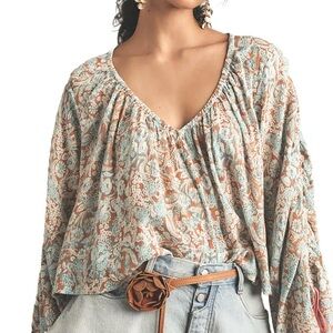 Anthropologie Long Sleeve Peasant Blouse in Blue & Tan Size Small